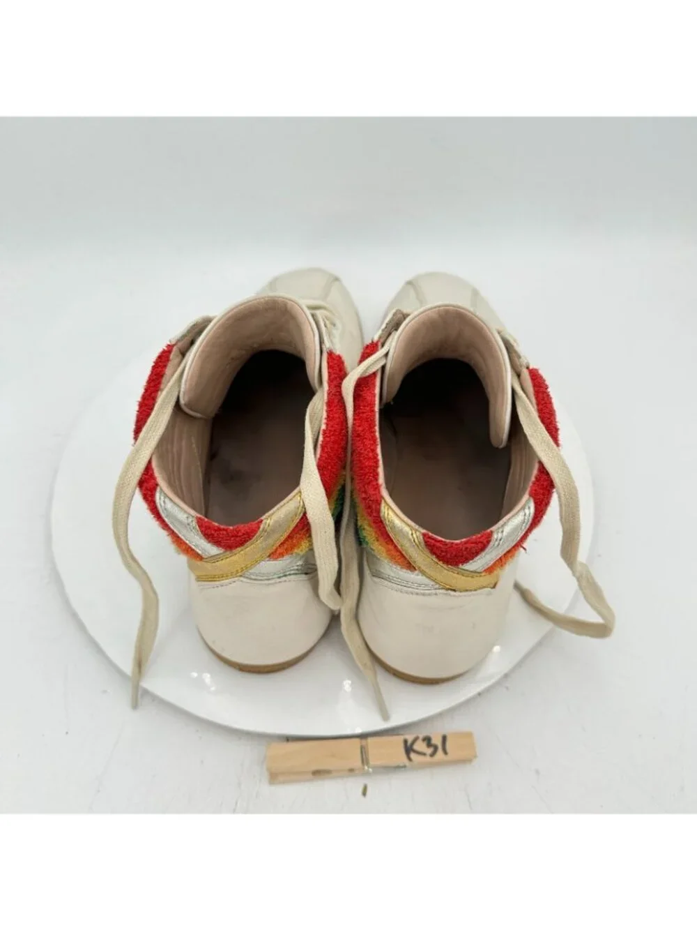 Gucci Men Sz UK 9.5D US 10 White Leather Lace Up Rainbow Heel Collar Mid Shoes